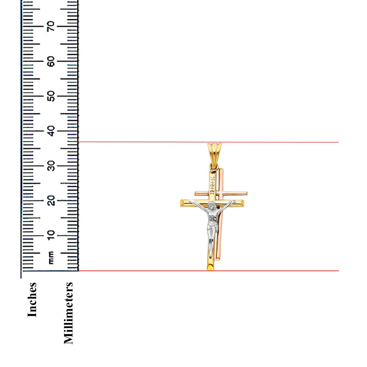 14K Tri-Color Gold Religious Double Crucifix Cross Pendant for Necklace or Chain