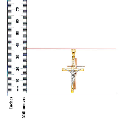 14K Tri-Color Gold Religious Double Crucifix Cross Pendant for Necklace or Chain
