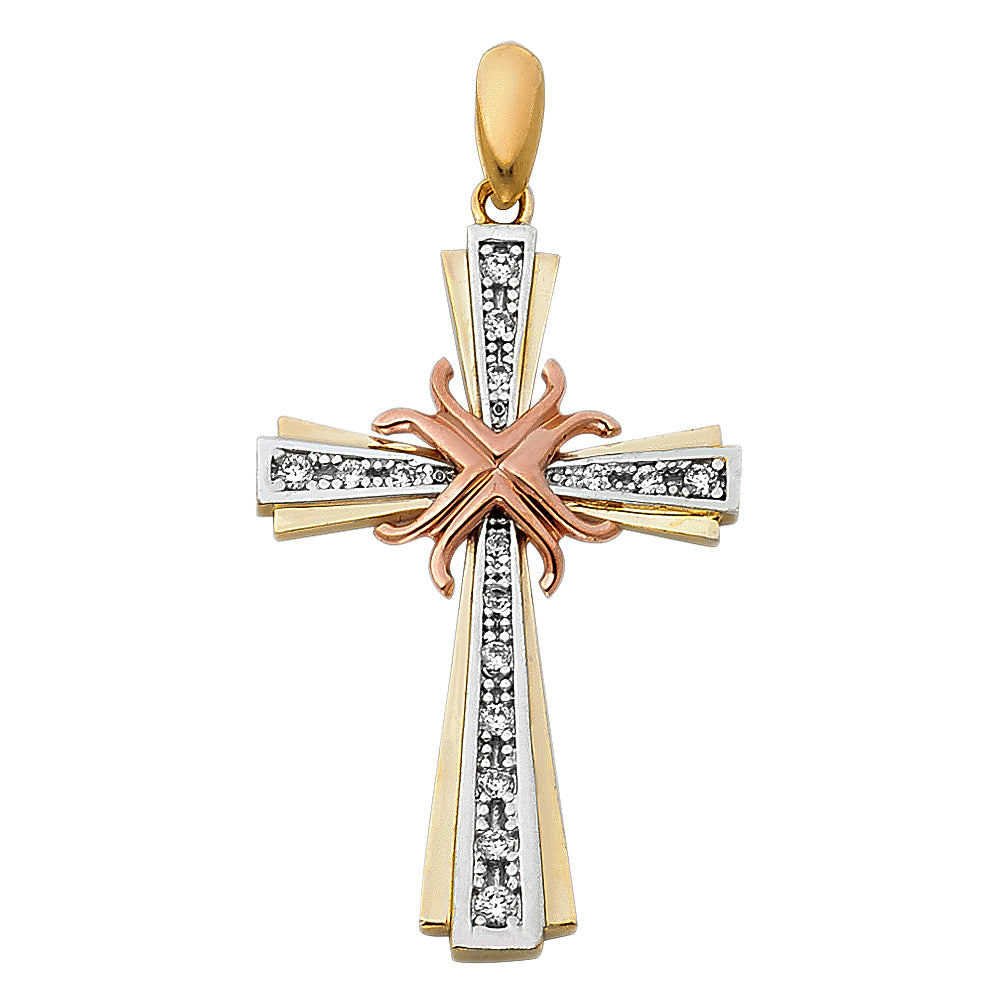 14K Tri-Color Gold Cubic Zirconia Religious Cross for Necklace or Chain