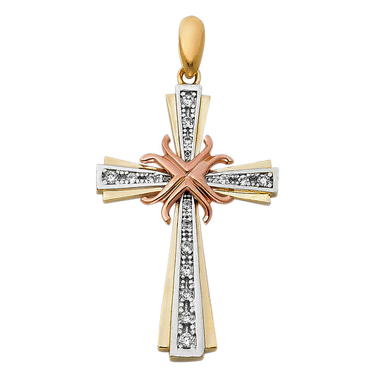 14K Tri-Color Gold Cubic Zirconia Religious Cross for Necklace or Chain