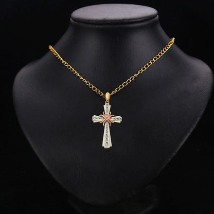 14K Tri-Color Gold Cubic Zirconia Religious Cross for Necklace or Chain