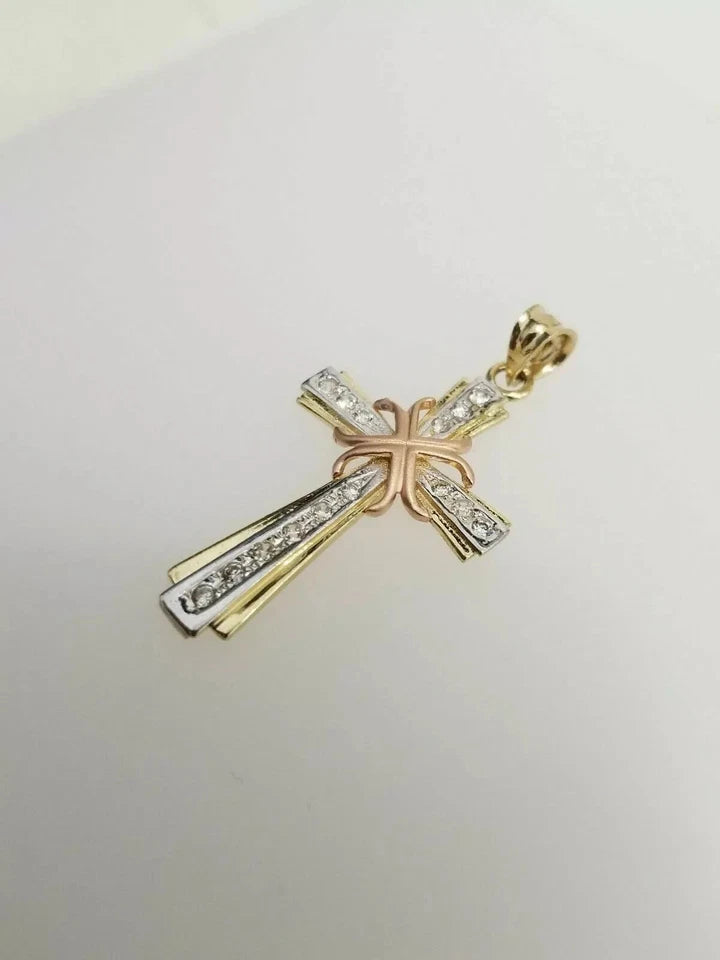 14K Tri-Color Gold Cubic Zirconia Religious Cross for Necklace or Chain