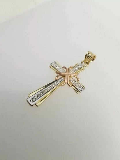 14K Tri-Color Gold Cubic Zirconia Religious Cross for Necklace or Chain