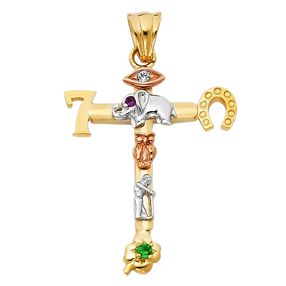 14K Tri-Color Gold Lucky Religious Cross Charm Pendant