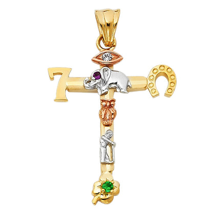 14K Tri-Color Gold Lucky Religious Cross Charm Pendant