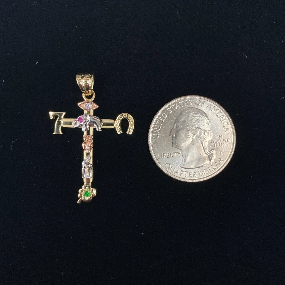 14K Tri-Color Gold Lucky Religious Cross Charm Pendant