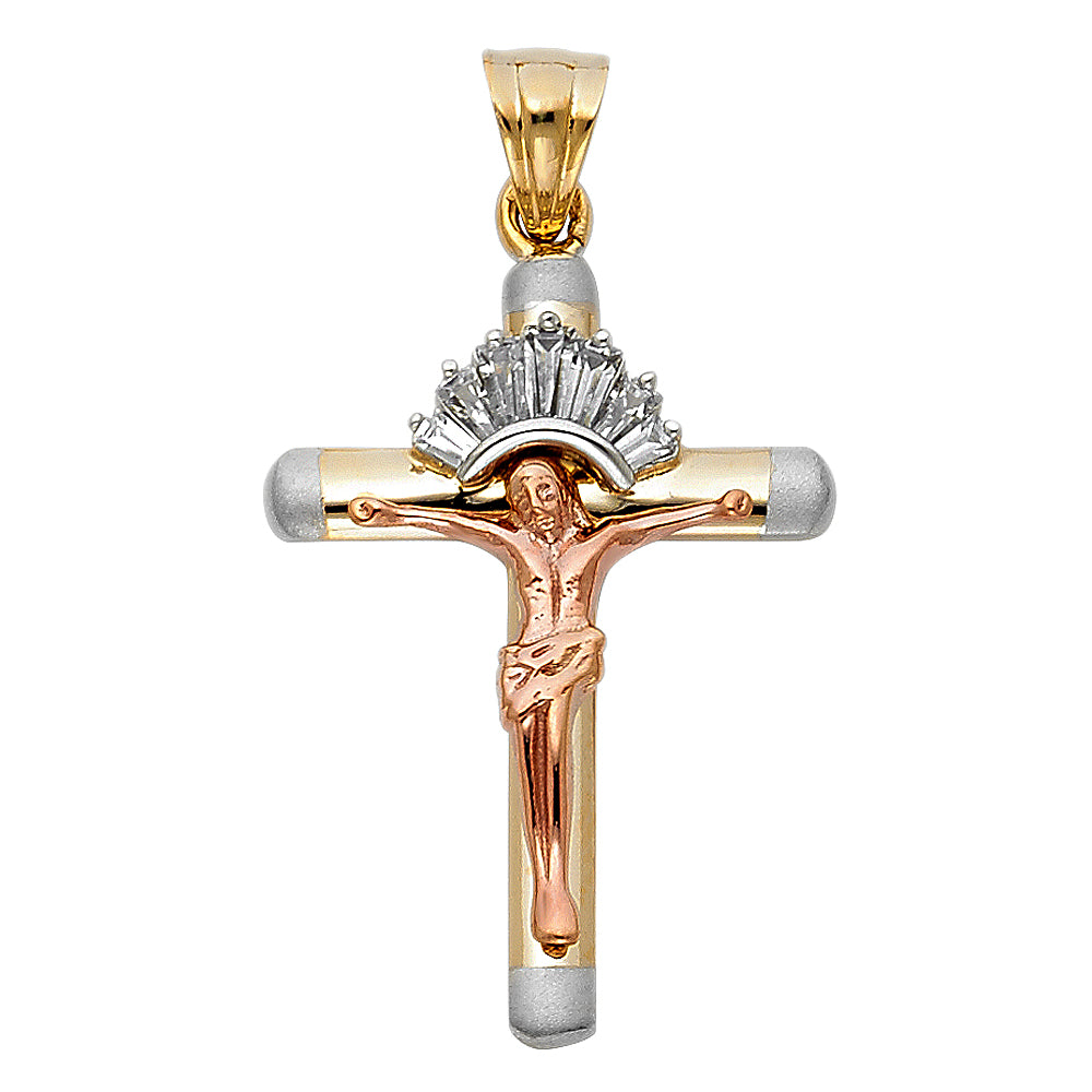 14K Tri-Color Gold Tube Cubic Zirconia Religious Crucifix Cross Pendant