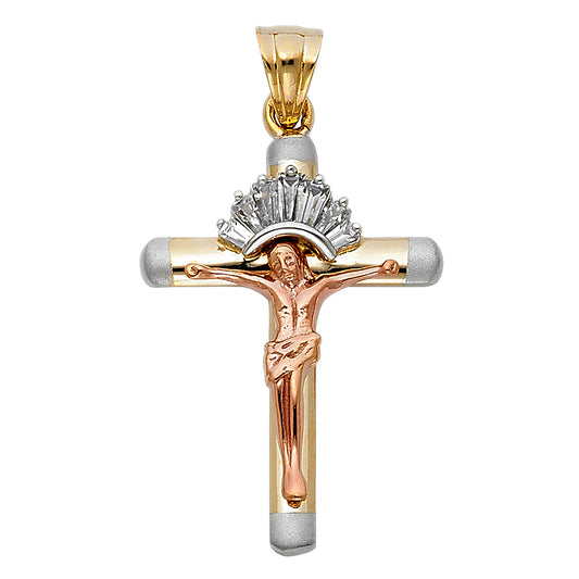 14K Tri-Color Gold Tube Cubic Zirconia Religious Crucifix Cross Pendant