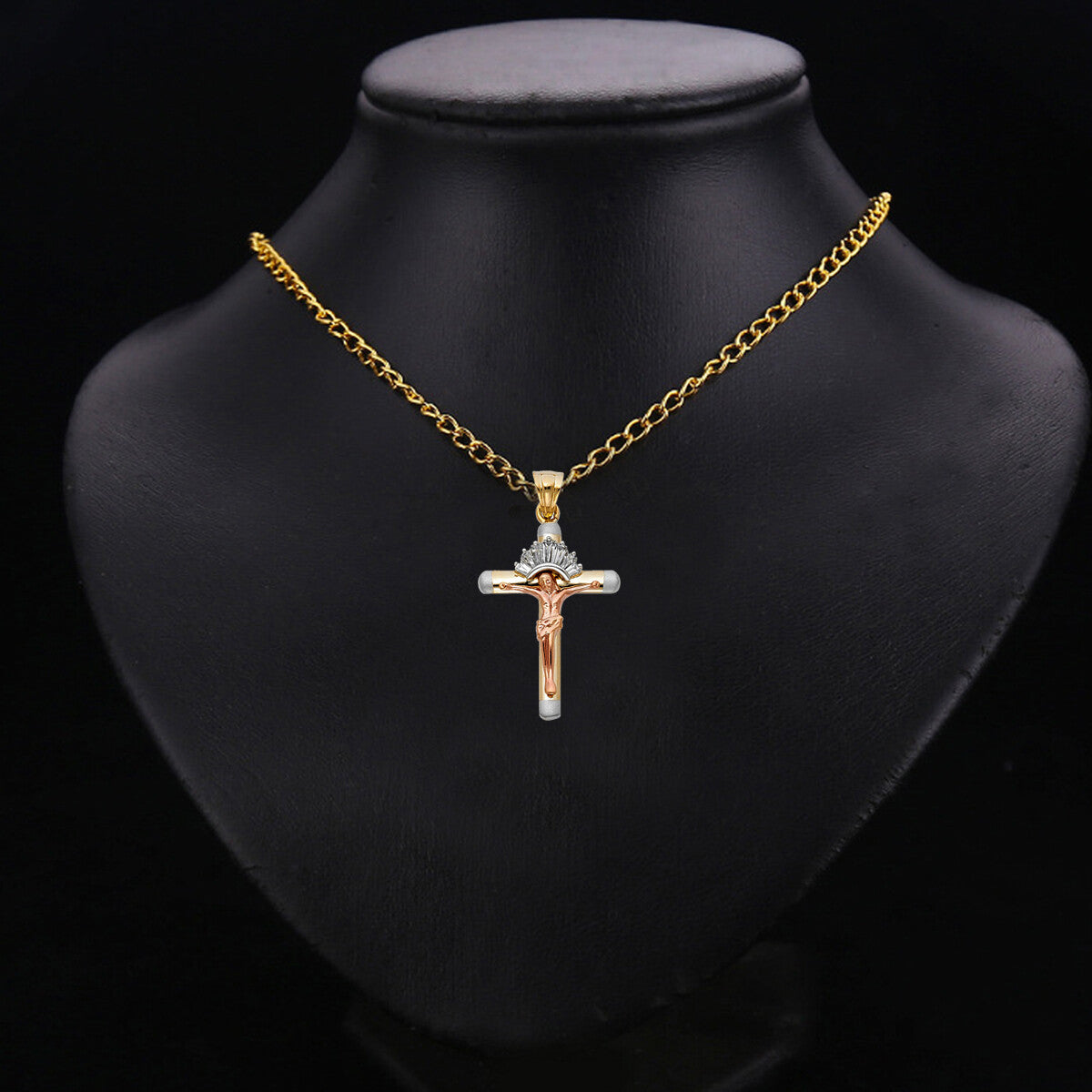 14K Tri-Color Gold Tube Cubic Zirconia Religious Crucifix Cross Pendant