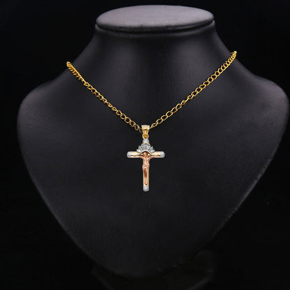 14K Tri-Color Gold Tube Cubic Zirconia Religious Crucifix Cross Pendant