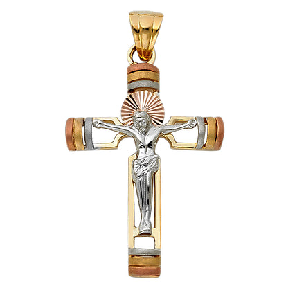 14K Tri-Color Gold Religious Crucifix Cross Charm Pendant for Necklace or Chain
