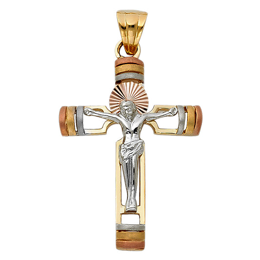 14K Tri-Color Gold Religious Crucifix Cross Charm Pendant for Necklace or Chain