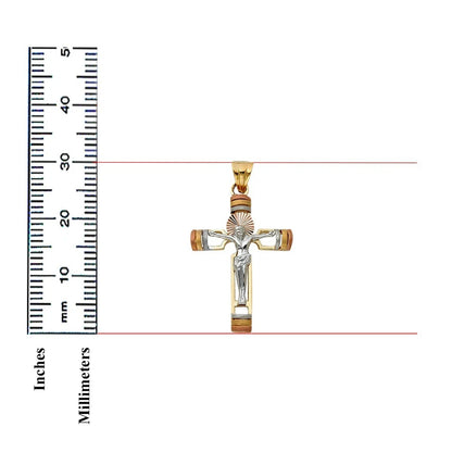 14K Tri-Color Gold Religious Crucifix Cross Charm Pendant for Necklace or Chain