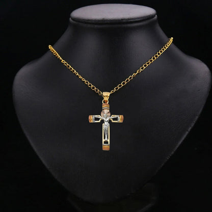 14K Tri-Color Gold Religious Crucifix Cross Charm Pendant for Necklace or Chain