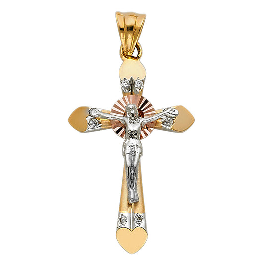 14K Tri-Color Gold Cubic Zirconia Unisex Religious Crucifix Cross Pendant
