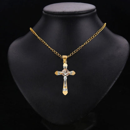 14K Tri-Color Gold Cubic Zirconia Unisex Religious Crucifix Cross Pendant