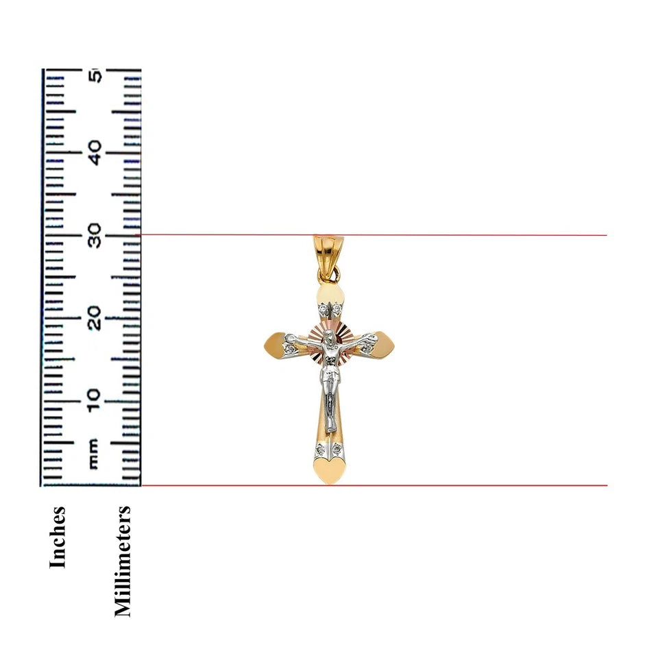 14K Tri-Color Gold Cubic Zirconia Unisex Religious Crucifix Cross Pendant