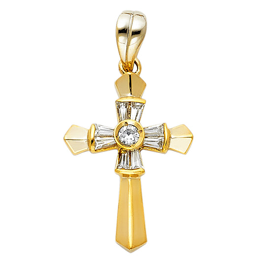 14K Yellow Gold Cubic Zirconia Religious Cross Pendant for Necklace or Chain