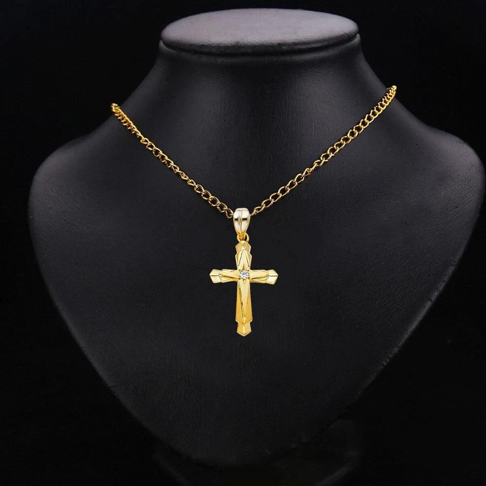 14K Yellow Gold Cubic Zirconia Christian Cross Pendant for Men & Women