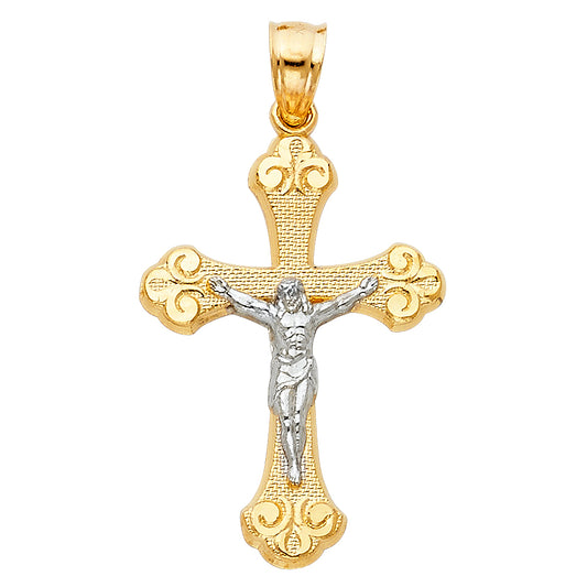 14K Two-Tone Gold Budded Religious Crucifix Cross Pendant