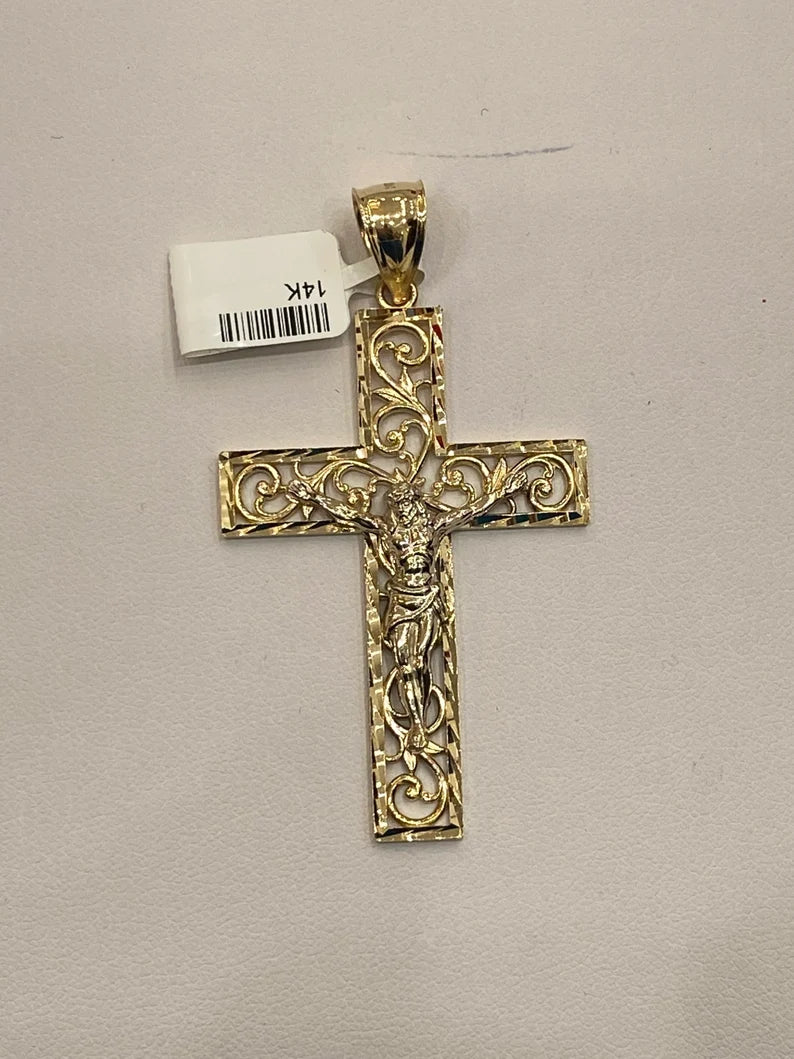14K Yellow Gold Large Religious Crucifix Cross Pendant for Necklace or Chain