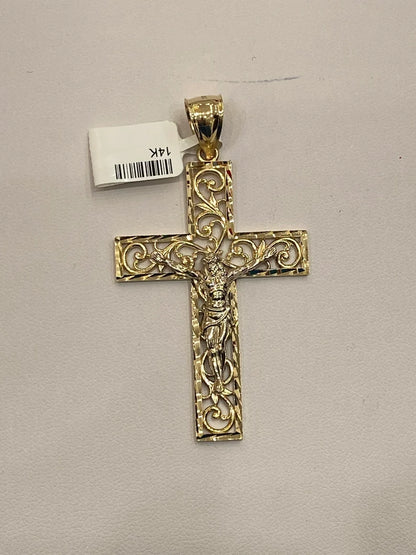 14K Yellow Gold Large Religious Crucifix Cross Pendant for Necklace or Chain