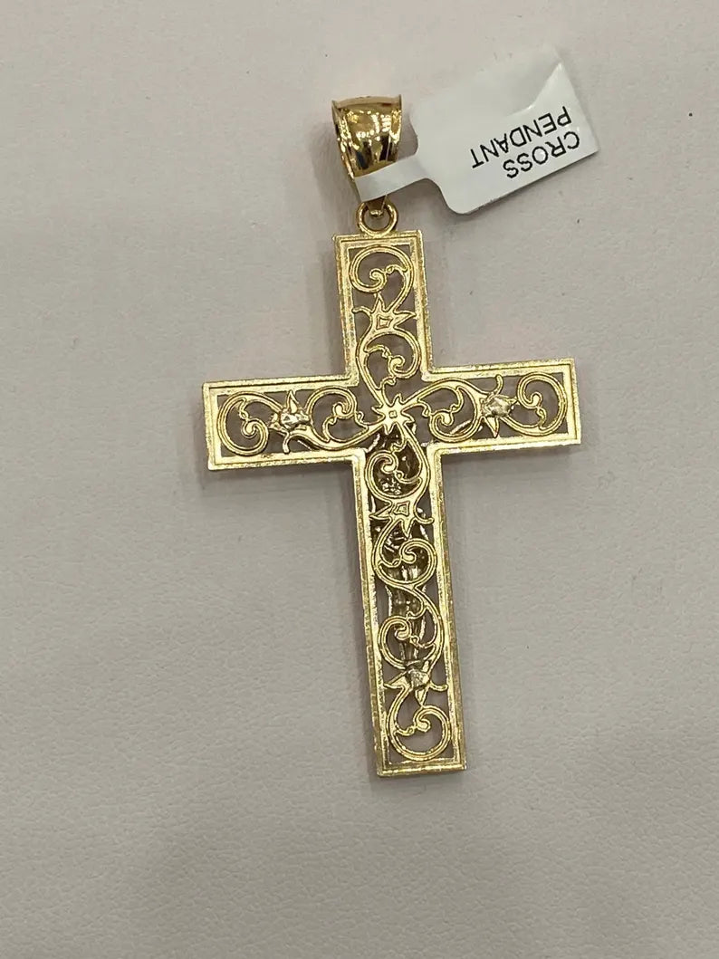 14K Yellow Gold Large Religious Crucifix Cross Pendant for Necklace or Chain