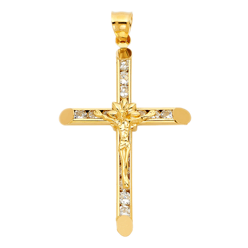 14K Yellow Gold Cubic Zirconia Religious Crucifix Cross Charming Pendant