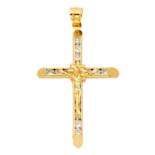 14K Yellow Gold Cubic Zirconia Religious Crucifix Cross Charming Pendant