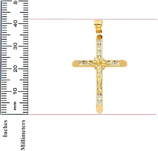 14K Yellow Gold Cubic Zirconia Religious Crucifix Cross Charming Pendant