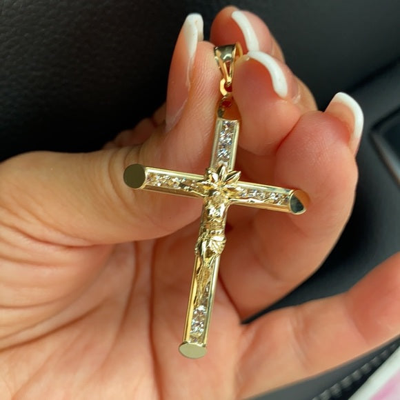 14K Yellow Gold Cubic Zirconia Religious Crucifix Cross Charming Pendant