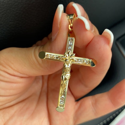 14K Yellow Gold Cubic Zirconia Religious Crucifix Cross Charming Pendant