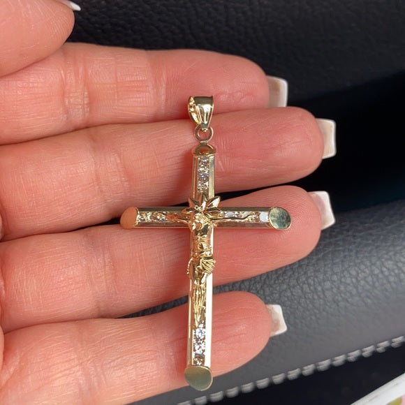 14K Yellow Gold Cubic Zirconia Religious Crucifix Cross Charming Pendant