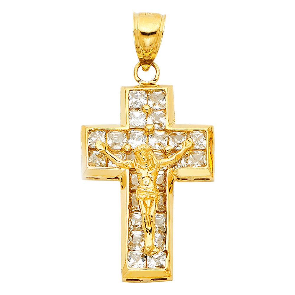 14K Yellow Gold Cubic Zirconia Religious Crucifix Pendant