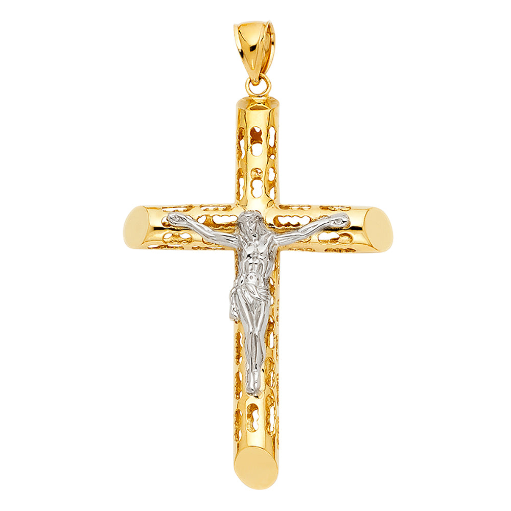14K Two-Tone Gold Cut-Out Religious Crucifix Cross Pendant for Necklace or Chain