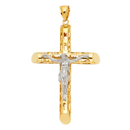 14K Two-Tone Gold Cut-Out Religious Crucifix Cross Pendant for Necklace or Chain