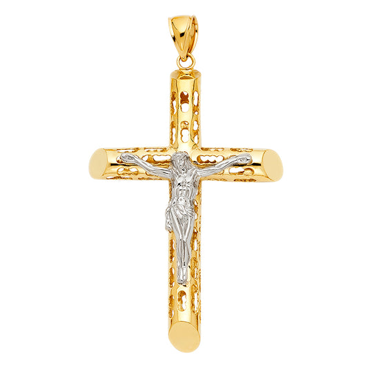 14K Two-Tone Gold Cut-Out Religious Crucifix Cross Pendant for Necklace or Chain