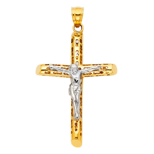 14K Two-Tone Gold Cut-Out Crucifix Cross Religious Pendant - 50x30mm