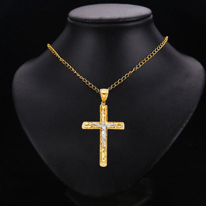 14K Two-Tone Gold Cut-Out Crucifix Cross Religious Pendant - 50x30mm