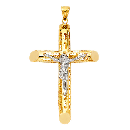 Large 14K Two-Tone Gold Cut-Out Crucifix Cross Religious Pendant - 90x50mm