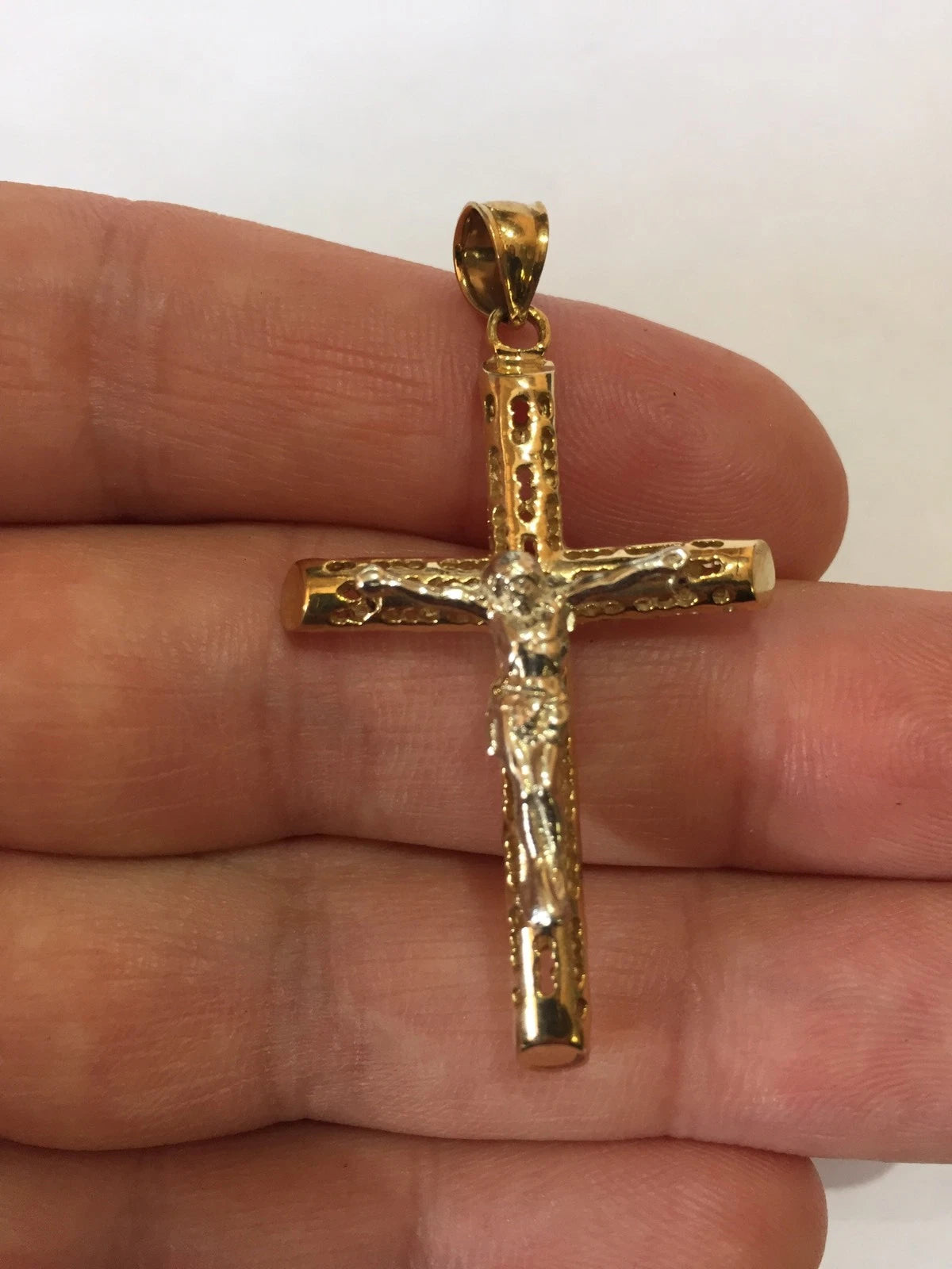 Large 14K Two-Tone Gold Cut-Out Crucifix Cross Religious Pendant - 90x50mm