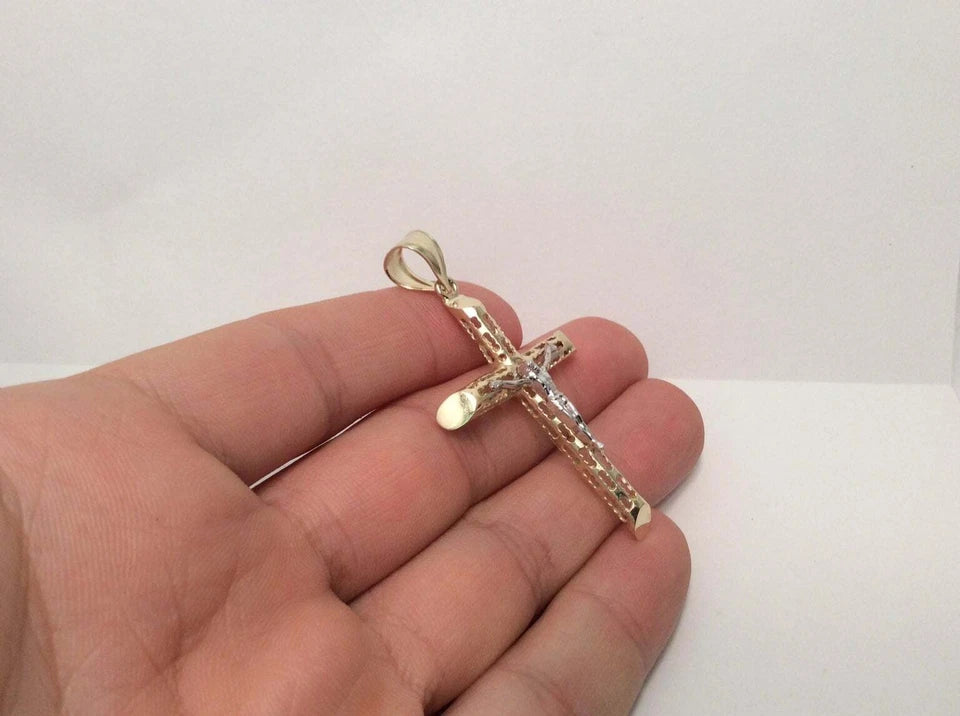 Large 14K Two-Tone Gold Cut-Out Crucifix Cross Religious Pendant - 90x50mm