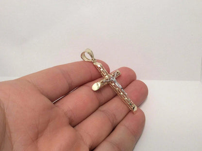 Large 14K Two-Tone Gold Cut-Out Crucifix Cross Religious Pendant - 90x50mm