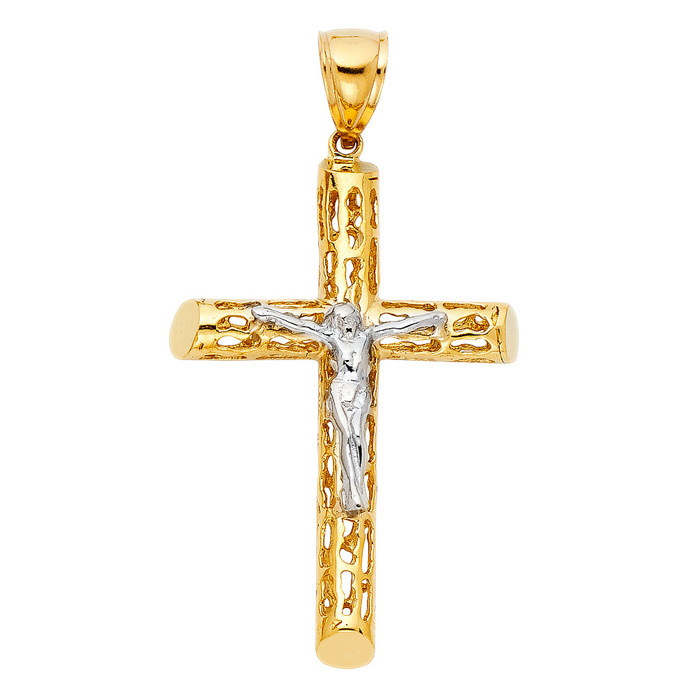 14K Two-Tone Gold Cut-Out Religious Crucifix Cross Pendant - 55x35mm