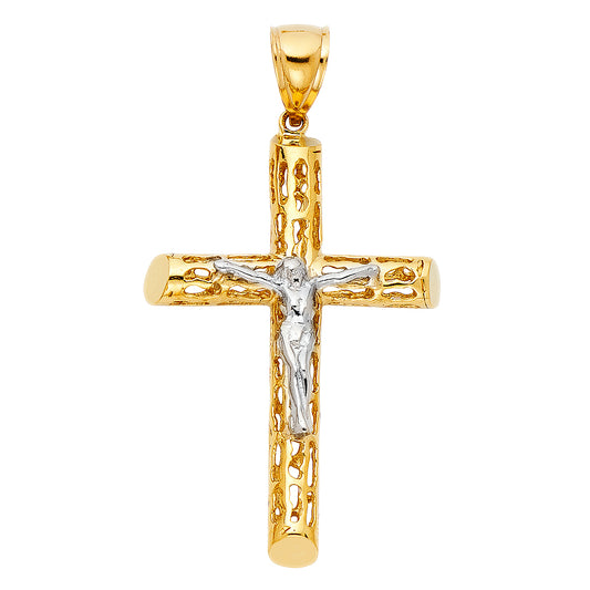 14K Two-Tone Gold Cut-Out Religious Crucifix Cross Pendant - 55x35mm