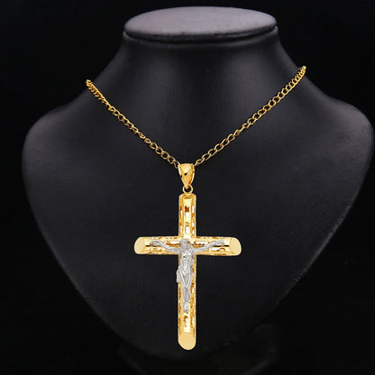14K Two-Tone Gold Cut-Out Religious Crucifix Cross Pendant - 55x35mm