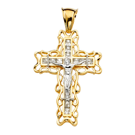 14K Two-Tone Gold Cubic Zirconia Crucifix Cross Religious Pendant - 33x62mm