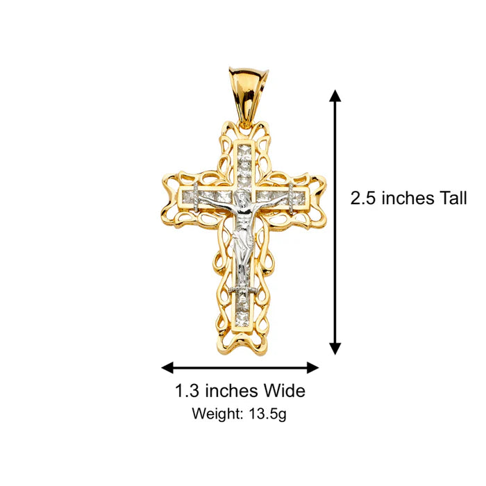 14K Two-Tone Gold Cubic Zirconia Crucifix Cross Religious Pendant - 33x62mm