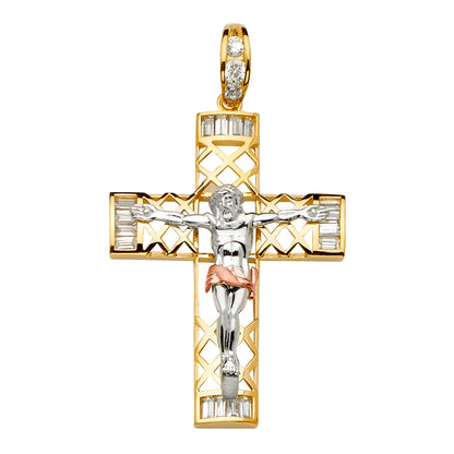 14K Tri-Color Gold Cubic Zirconia Crucifix Cross Religious Pendant - 39x68mm