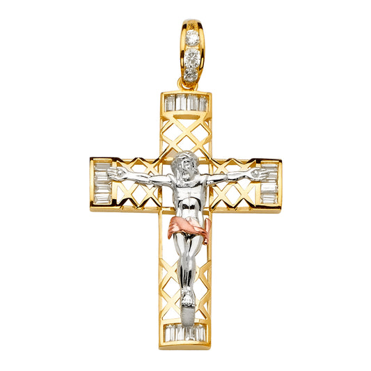 14K Tri-Color Gold Cubic Zirconia Crucifix Cross Religious Pendant - 39x68mm